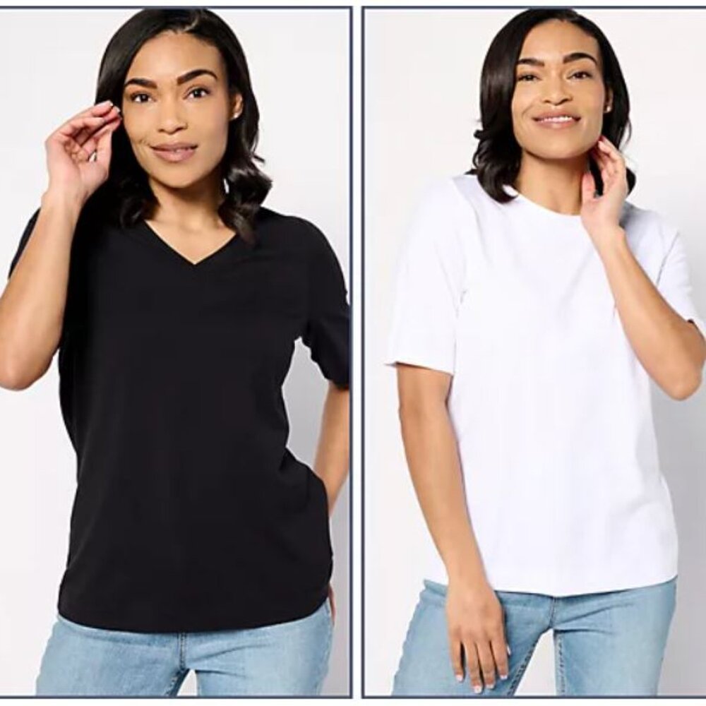 Belle by Kim Gravel TripleLuxe Knit Set of 2 Elbow Sleeve T - Black/White - XS